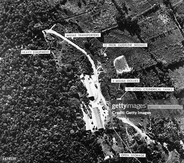 Photograph of a ballistic missile base in Cuba was used as evidence with which U.S. President John F. Kennedy ordered a naval blockade of Cuba during...