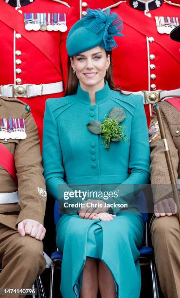 Catherine, Princess of Wales sits for official Officers’ and Sergeants’ Mess photographs during the St. Patrick's Day Parade at Mons Barracks on...