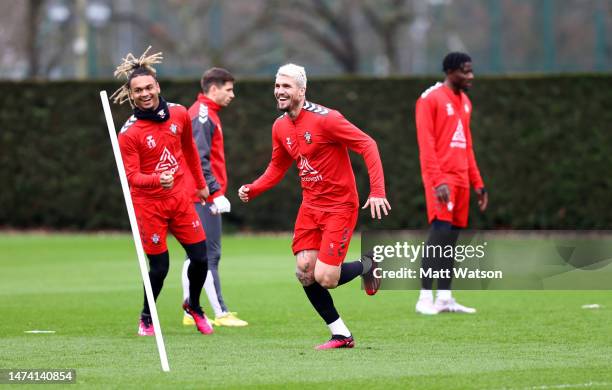 Sekou Mara and Lyanco in action during a Southampton FC training session at the Staplewood Campus on March 17, 2023 in Southampton, England.