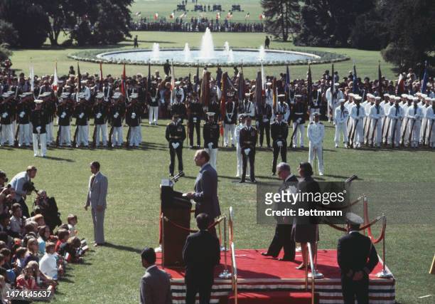 General view of a welcoming ceremony for visiting Italian President Giovanni Leone on the White House lawn in Washington on September 25th, 1974....
