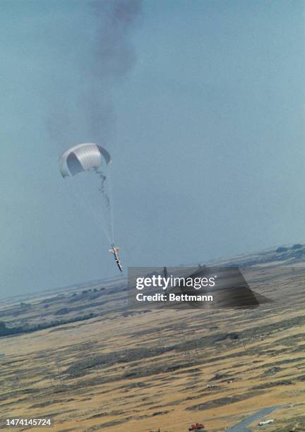 American stunt performer Evel Knievel attempts to jump the Snake River Canyon in Idaho on a customised rocket, the 'Skycycle X-2', on September 8th,...