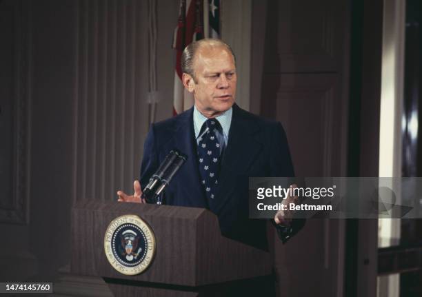 President Gerald Ford holds his first press conference as president in the East Room of the White House in Washington on August 28th, 1974.
