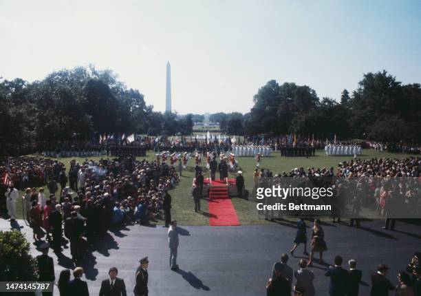 General view of a welcoming ceremony for visiting Italian President Giovanni Leone on the White House lawn in Washington on September 25th, 1974.