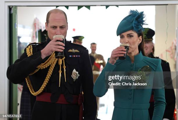 Prince William, Prince of Wales and Catherine, Princess of Wales laughing and enjoying a glass of Guinness after the St. Patrick's Day Parade at Mons...