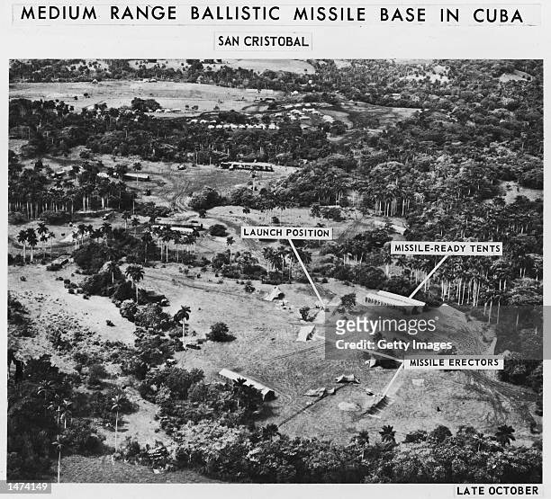 Spy photo of a medium range ballistic missile base in San Cristobal, Cuba, with labels detailing various parts of the base, is shown October 1962....