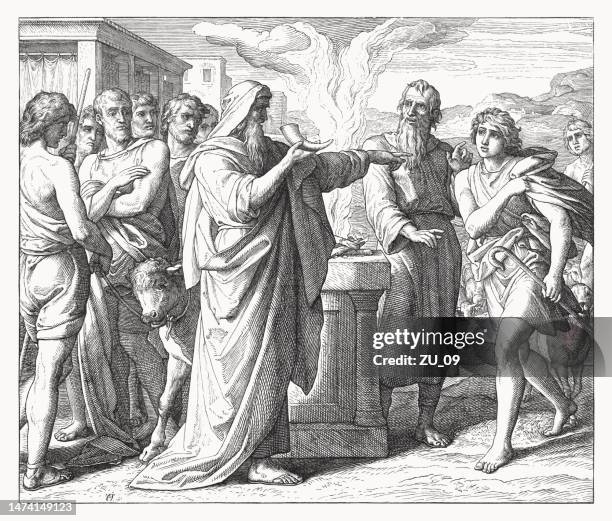 samuel salbt david zum könig (1. samuel 16), holzschnitt, 1860 - aufopferung stock-grafiken, -clipart, -cartoons und -symbole