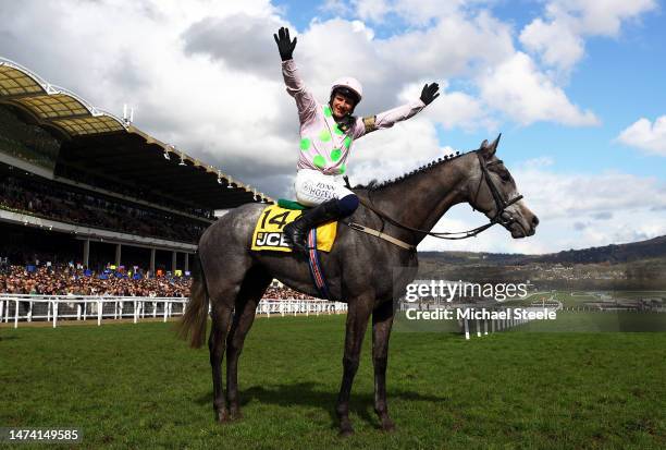 Paul Townend celebrates on board Lossiemouth after winning the JCB Triumph Hurdle during day four of the Cheltenham Festival 2023 at Cheltenham...