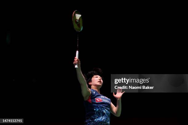 Akane Yamaguchi of Japan in action during her Women's singles quarter final match against Zhi Yi Wang of China at Utilita Arena Birmingham on March...