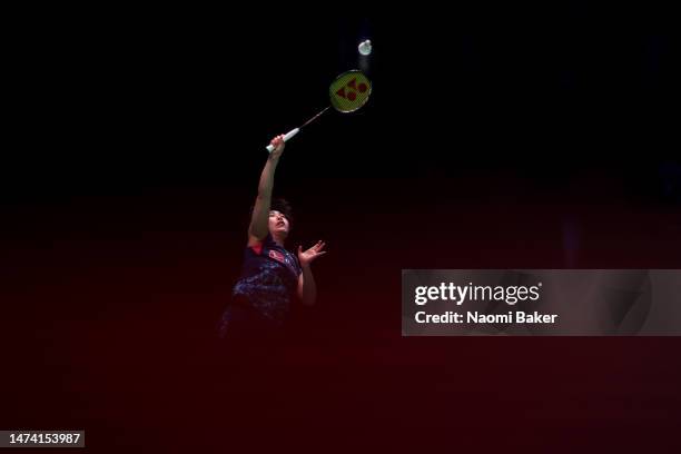 Akane Yamaguchi of Japan in action during her Women's singles quarter final match against Zhi Yi Wang of China at Utilita Arena Birmingham on March...