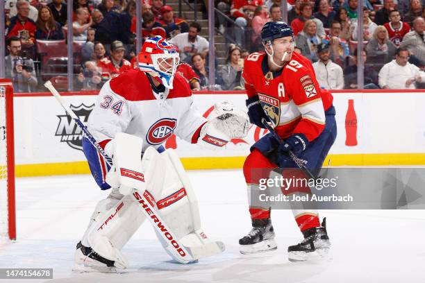 Matthew Tkachuk of the Florida Panthers waits for a pass in front of goaltender Jake Allen of the Montreal Canadiens at the FLA Live Arena on March...