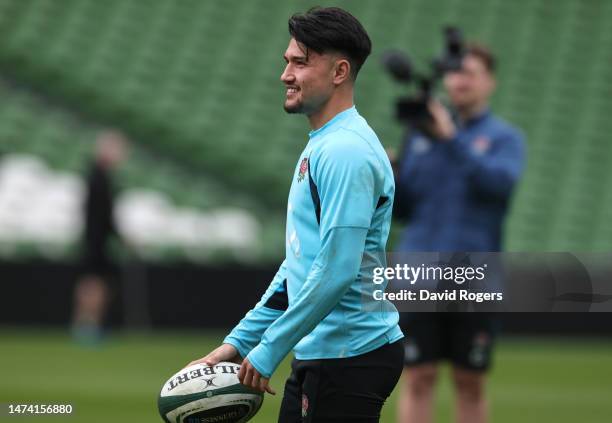 Marcus Smith, looks on during the England captain's run at the Aviva Stadium on March 17, 2023 in Dublin, Ireland.