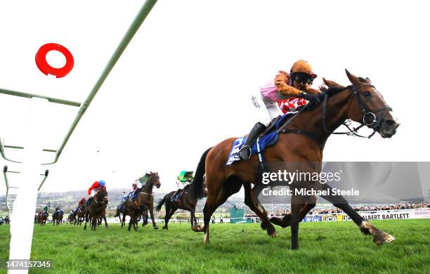 Bridget Andrews on board Faivoir on their way to winning the McCoy Contractors County Handicap Hurdle during day four of the Cheltenham Festival 2023...