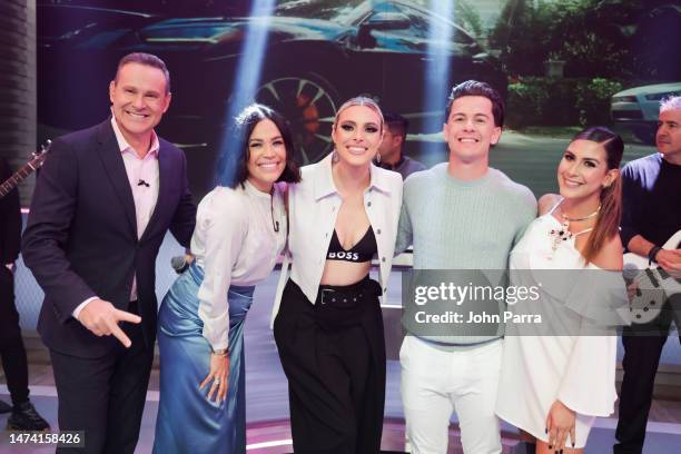 Alan Tacher, Karla Martinez, Lele Pons, Guaynaa and Jessica Rodriguez are seen at Despierta America to promote their new single “Abajito’ at...
