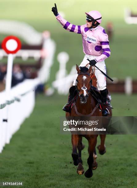 Harry Cobden celebrates on board Stay Away Fay after winning the Albert Bartlett Novices Hurdle during day four of the Cheltenham Festival 2023 at...