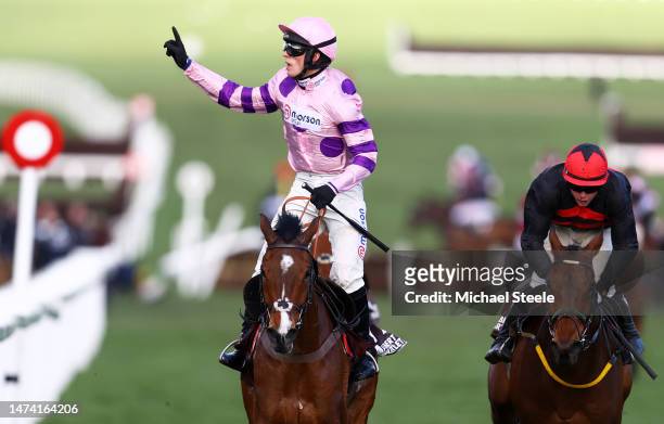 Harry Cobden celebrates on board Stay Away Fay after winning the Albert Bartlett Novices Hurdle during day four of the Cheltenham Festival 2023 at...