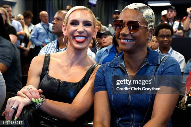 American professional wrestler Charlotte Flair and Tiffany Haddish pose for photos at the drivers meeting prior to the NASCAR Cup Series 65th Annual...