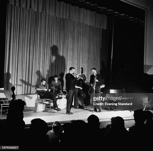 Jazz band comprising students from London University perform on stage for a Jazz evening, London, March 21st, 1960.