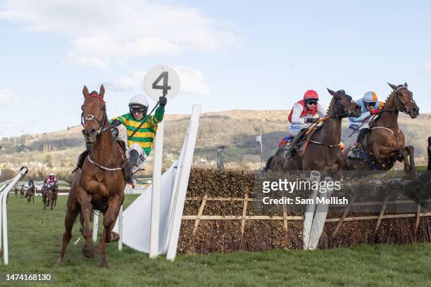 Jockey, Mark Walsh on Corbetts Cross hits the last fence and falls in The Albert Bartlett Novices Hurdle Race during day four, Gold Cup Day, of the...