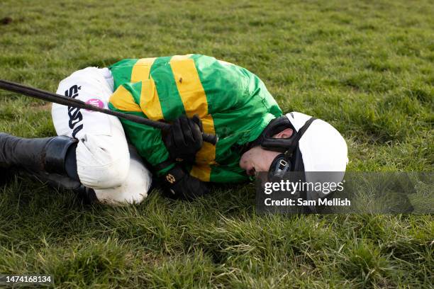 Jockey, Mark Walsh on Corbetts Cross on the ground after hitting the last fence and falls in The Albert Bartlett Novices Hurdle Race during day four,...