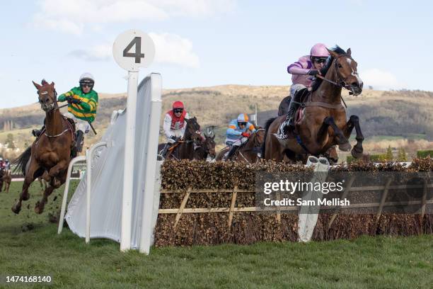 Jockey, Harry Cobden on Stay Away Fay leads as Mark Walsh on Corbetts Cross hits the last fence and falls in The Albert Bartlett Novices Hurdle Race...