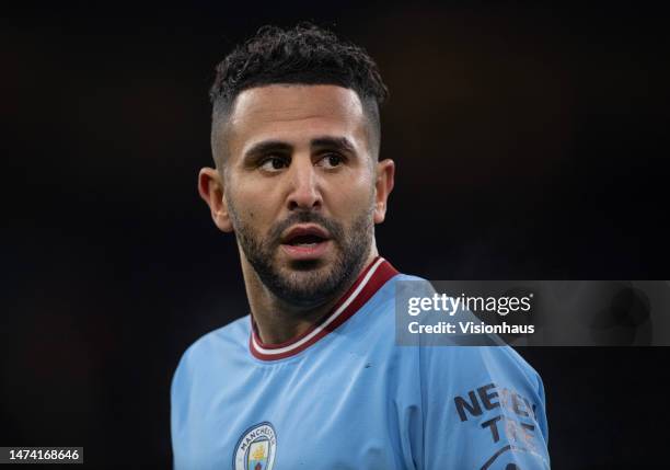 Riyad Mahrez of Manchester City during the UEFA Champions League round of 16 leg two match between Manchester City and RB Leipzig at Etihad Stadium...