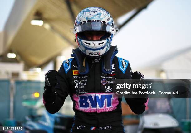 Pole position qualifier Victor Martins of France and ART Grand Prix celebrates in parc ferme during qualifying ahead of Round 2:Jeddah of the Formula...