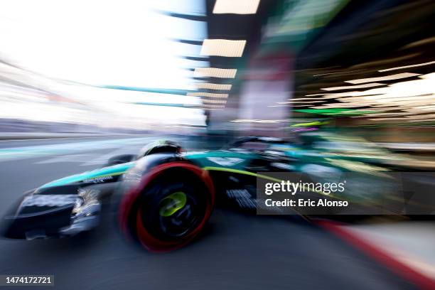 Fernando Alonso of Spain driving the Aston Martin AMR23 leaves the garaje during practice ahead of the F1 Grand Prix of Saudi Arabia at Jeddah...