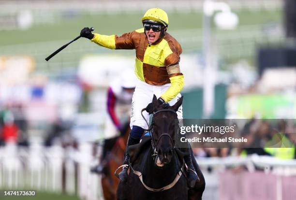 Paul Townend on board Galopin Des Champs celebrate after winning the Boodles Cheltenham Gold Cup Chase during day four of the Cheltenham Festival...