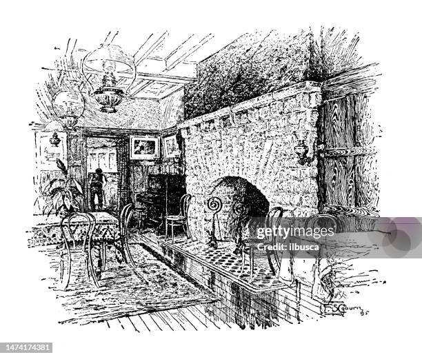 antique sport illustration: hunting, rockaway hunt club indoors - new jersey homes stock illustrations