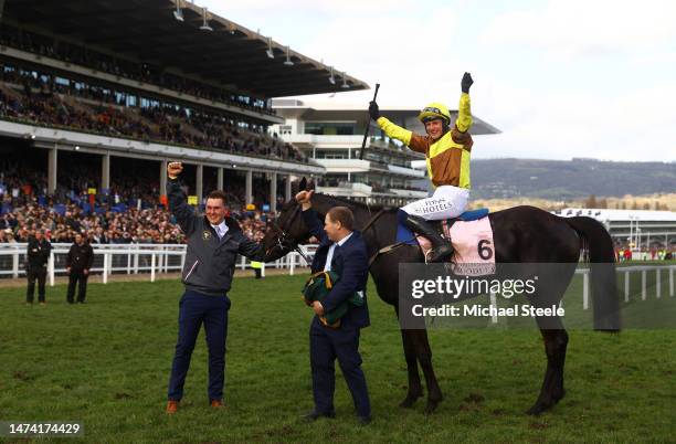 Paul Townend on board Galopin Des Champs celebrate after winning the Boodles Cheltenham Gold Cup Chase during day four of the Cheltenham Festival...