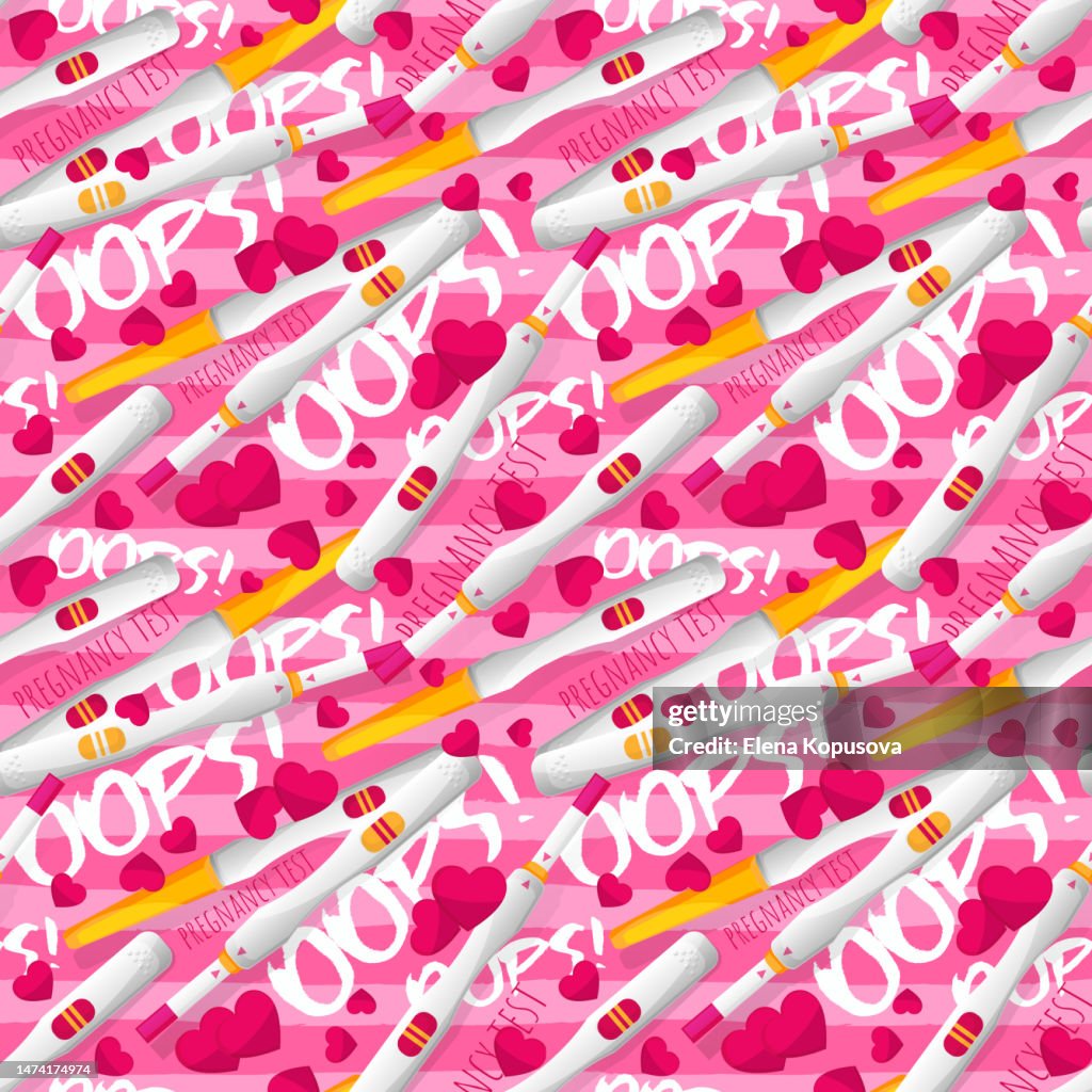 Seamless creative background of female reproductive system and pregnancy planning in flat style. Positive pregnancy tests with two stripes on a colored background with hearts.