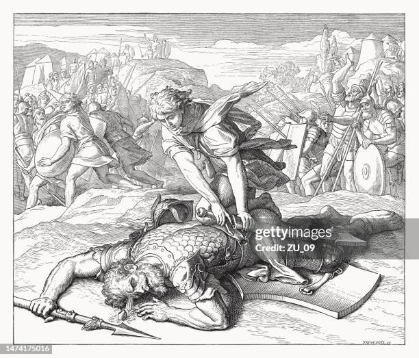david kills goliath (1 samuel 17), wood engraving, published 1860 - david spears stock illustrations