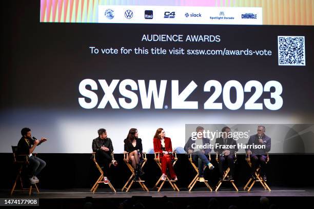 Lee Cronin, Lily Sullivan, Alyssa Sutherland, Rob Tapert, Sam Raimi and Bruce Campbell attend the Q+A for the "Evil Dead Rise" premiere during 2023...