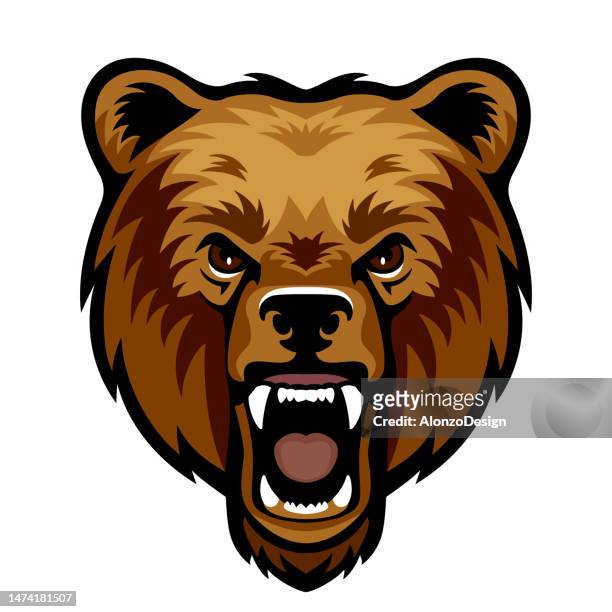 grizzlybär knurrt. maskottchen kreatives design. bärenwut. brüllender braunbär. - grizzly bear attack stock-grafiken, -clipart, -cartoons und -symbole