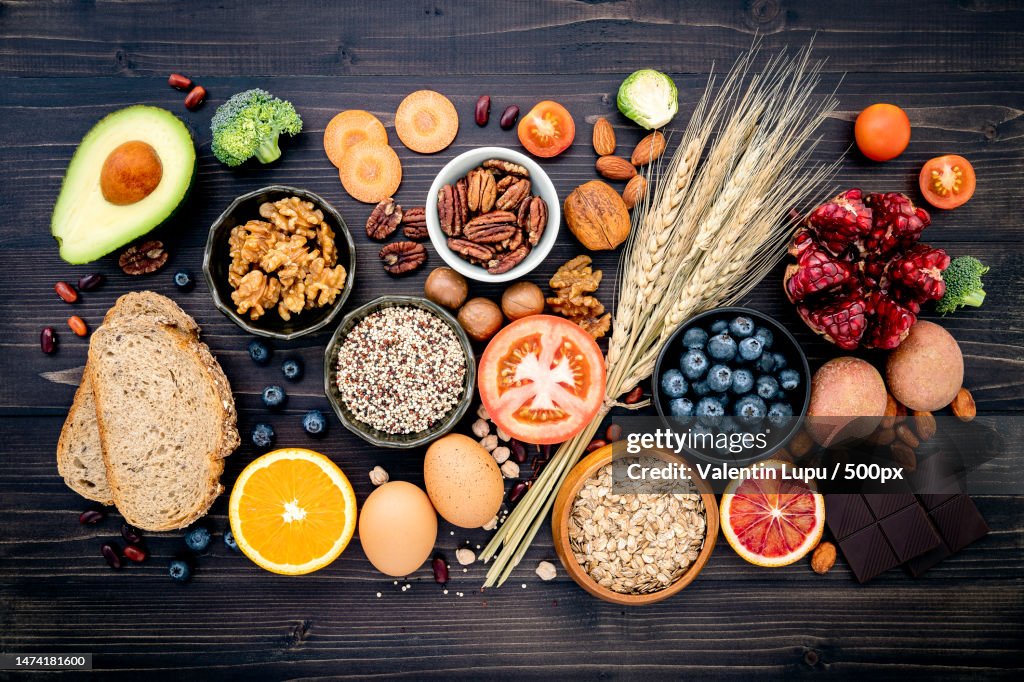 Ingredients for the healthy foods selection The concept of healthy food set up on wooden background,Romania