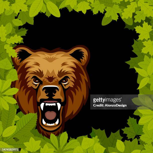 ilustrações de stock, clip art, desenhos animados e ícones de brown bear in the forest. mascot creative logo design. roaring brown bear. - territorial animal