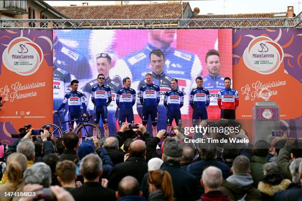 General view of Julian Alaphilippe of France, Kasper Asgreen of Denmark, Davide Ballerini of Italy, Tim Declercq of Belgium, Dries Devenyns of...