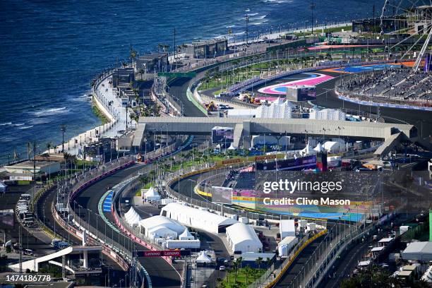 General view showing Oscar Piastri of Australia driving the McLaren MCL60 Mercedes during practice ahead of the F1 Grand Prix of Saudi Arabia at...