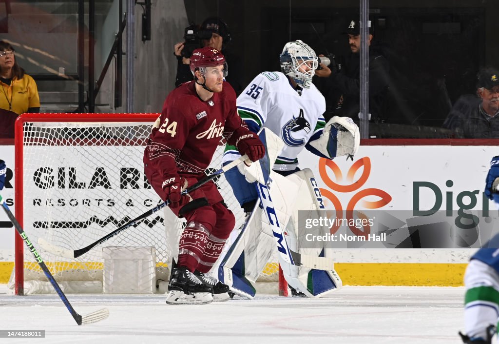 Brett Ritchie Brett Ritchie of the Arizona Coyotes attempts to screen Thatcher ...