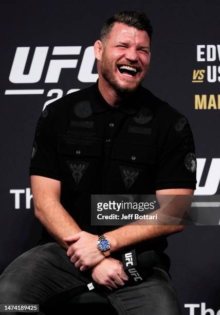 Michael Bisping is seen on stage during a Q&A session prior to the UFC 286 ceremonial weigh-in at The O2 Arena on March 17, 2023 in London, England.