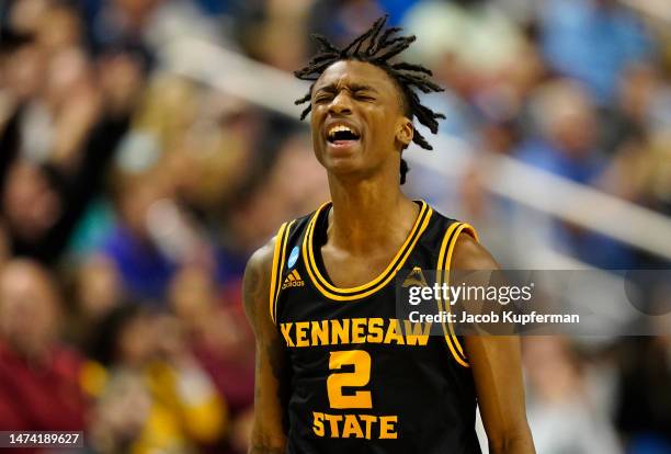 Simeon Cottle of the Kennesaw State Owls celebrates against the Xavier Musketeers during the first half in the first round of the NCAA Men's...