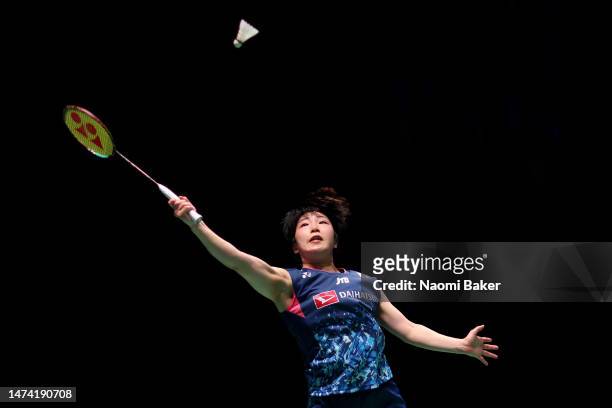 Akane Yamaguchi of Japan in action during her Women's singles quarter final match against Zhi Yi Wang of China at Utilita Arena Birmingham on March...