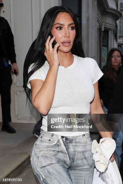 Kim Kardashian is seen shopping at the Victoria Beckham store on Dover Street on March 17, 2023 in London, England.