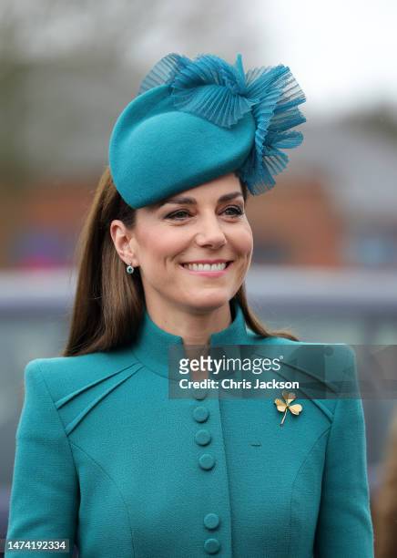 Catherine, Princess of Wales attends the St. Patrick's Day Parade at Mons Barracks on March 17, 2023 in Aldershot, England. Catherine, Princess of...