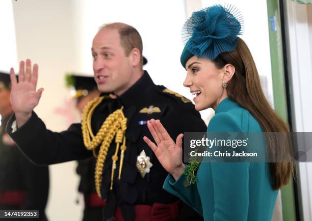 Catherine, Princess of Wales and Prince William, Prince of Wales attend the St. Patrick's Day Parade at Mons Barracks on March 17, 2023 in Aldershot,...