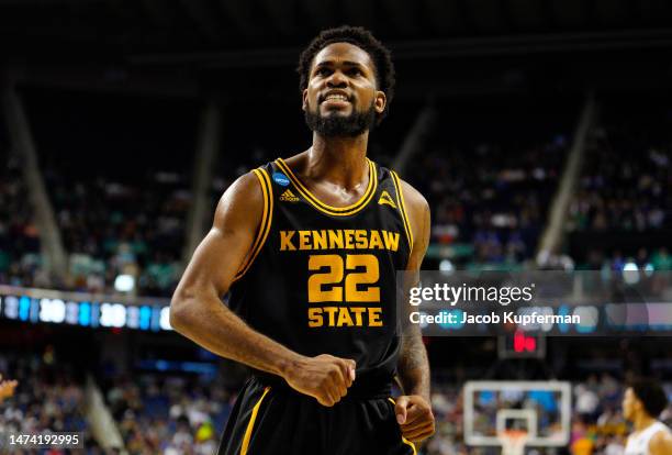 Spencer Rodgers of the Kennesaw State Owls celebrates against the Xavier Musketeers during the first half in the first round of the NCAA Men's...