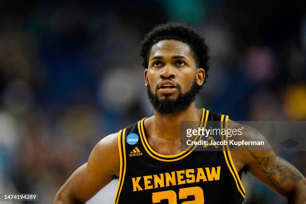 Spencer Rodgers of the Kennesaw State Owls looks on against the Xavier Musketeers during the first half in the first round of the NCAA Men's...