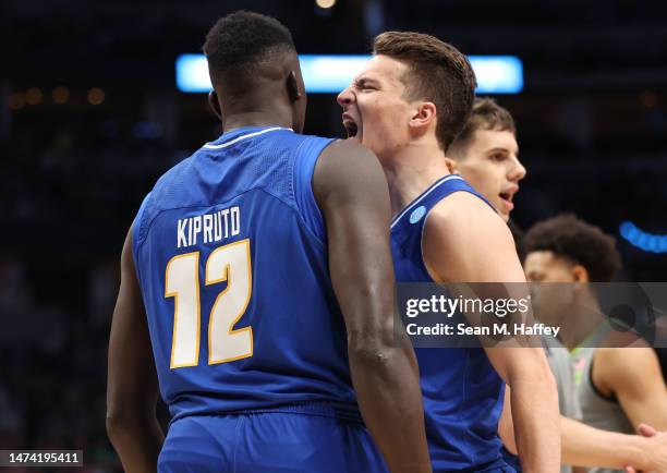 Cole Anderson of the UC Santa Barbara Gauchos reacts after a dunk by Evans Kipruto during the first half against the Baylor Bears in the first round...