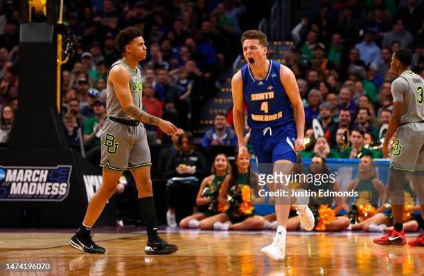 Cole Anderson of the UC Santa Barbara Gauchos reacts after a basket during the first half against the Baylor Bears in the first round of the NCAA...