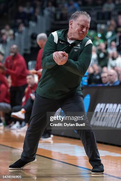 Head coach Tom Izzo of the Michigan State Spartans reacts against the USC Trojans during the second half in the first round game of the NCAA Men's...